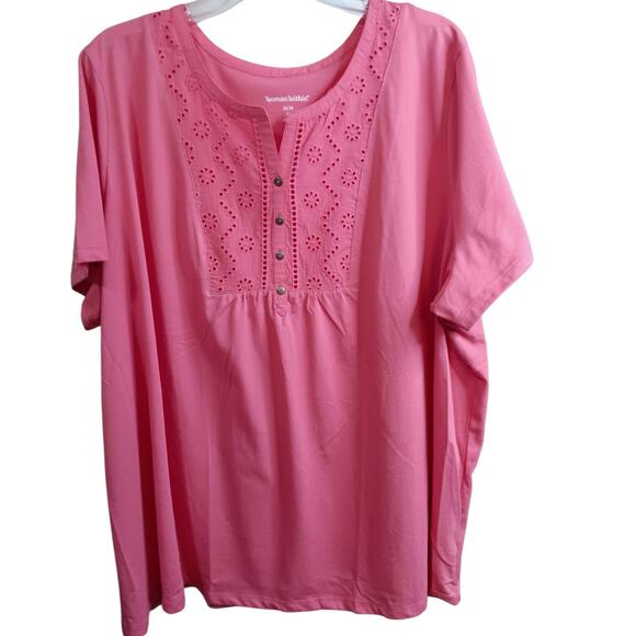 NEW WOMAN WITHIN Top Blouse Plus 2X 26/28 Eyelet Inset Short Sleeves Comfort - Picture 1 of 8